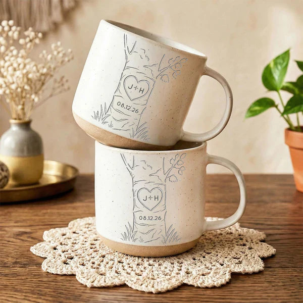 Personalized Pottery Mug, Carved Heart Tree Design, Unique Anniversary Gift for Couple