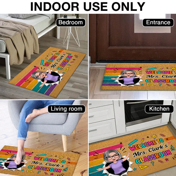 Personalized Doormat With Waving Teacher Illustration, Colorful Classroom Decor, Unique Gift For Teacher