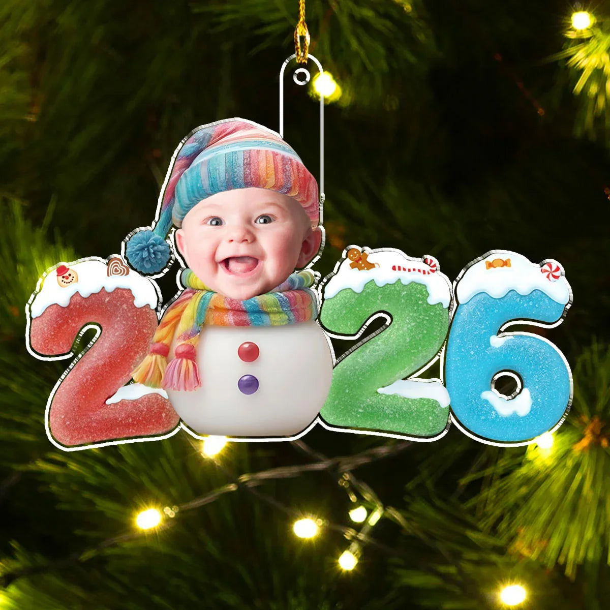 Personalized Acrylic Ornament with Smiling Baby Snowman, Colorful Christmas Decor, Unique Gift for New Parents