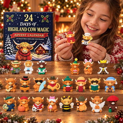 Blue Highland Cow Advent Calendar, Cozy Winter Countdown, Personalized Creative Gift for Kids & Family