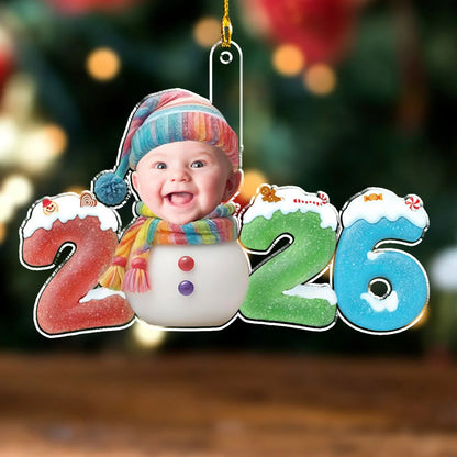 Personalized Acrylic Ornament with Smiling Baby Snowman, Colorful Christmas Decor, Unique Gift for New Parents