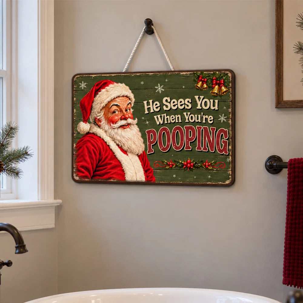 Funny Santa Wooden Sign, Personalized Vintage Bathroom Decor, Creative Christmas Gift for Family