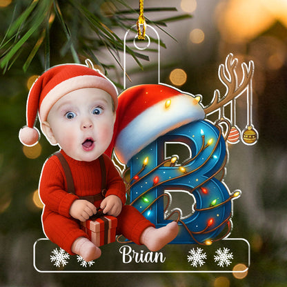 Christmas Acrylic Ornament - Photo Initial with Santa Hat & Lights, easy to hang, a unique gift for Parents & Grandparents