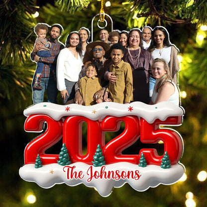 Acrylic Ornament with Custom Photo, Snowy Red Number for Christmas Tree Decor — a unique gift for family or parents