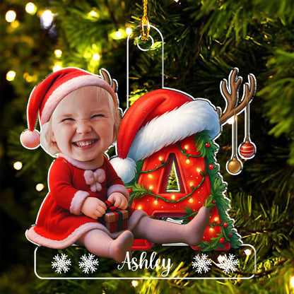 Christmas Acrylic Ornament - Photo Initial with Santa Hat & Lights, easy to hang, a unique gift for Parents & Grandparents