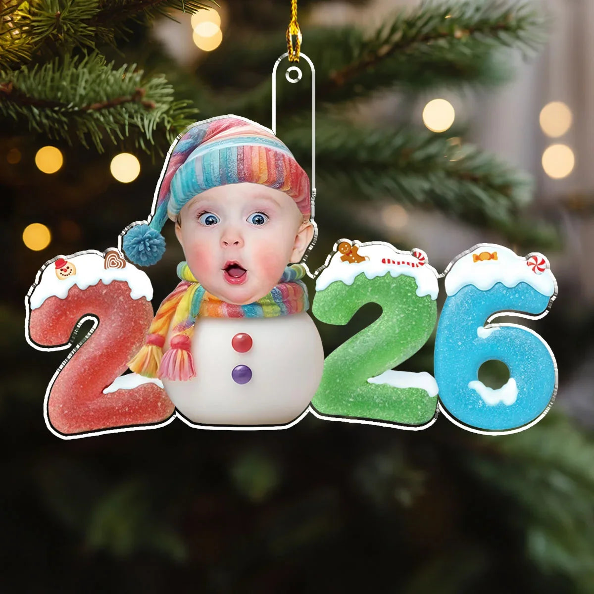 Personalized Acrylic Ornament with Smiling Baby Snowman, Colorful Christmas Decor, Unique Gift for New Parents