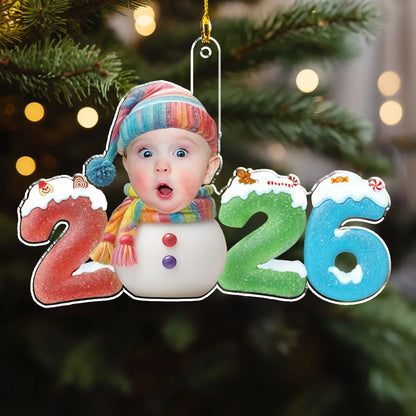 Personalized Acrylic Ornament with Smiling Baby Snowman, Colorful Christmas Decor, Unique Gift for New Parents