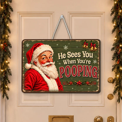 Funny Santa Wooden Sign, Personalized Vintage Bathroom Decor, Creative Christmas Gift for Family