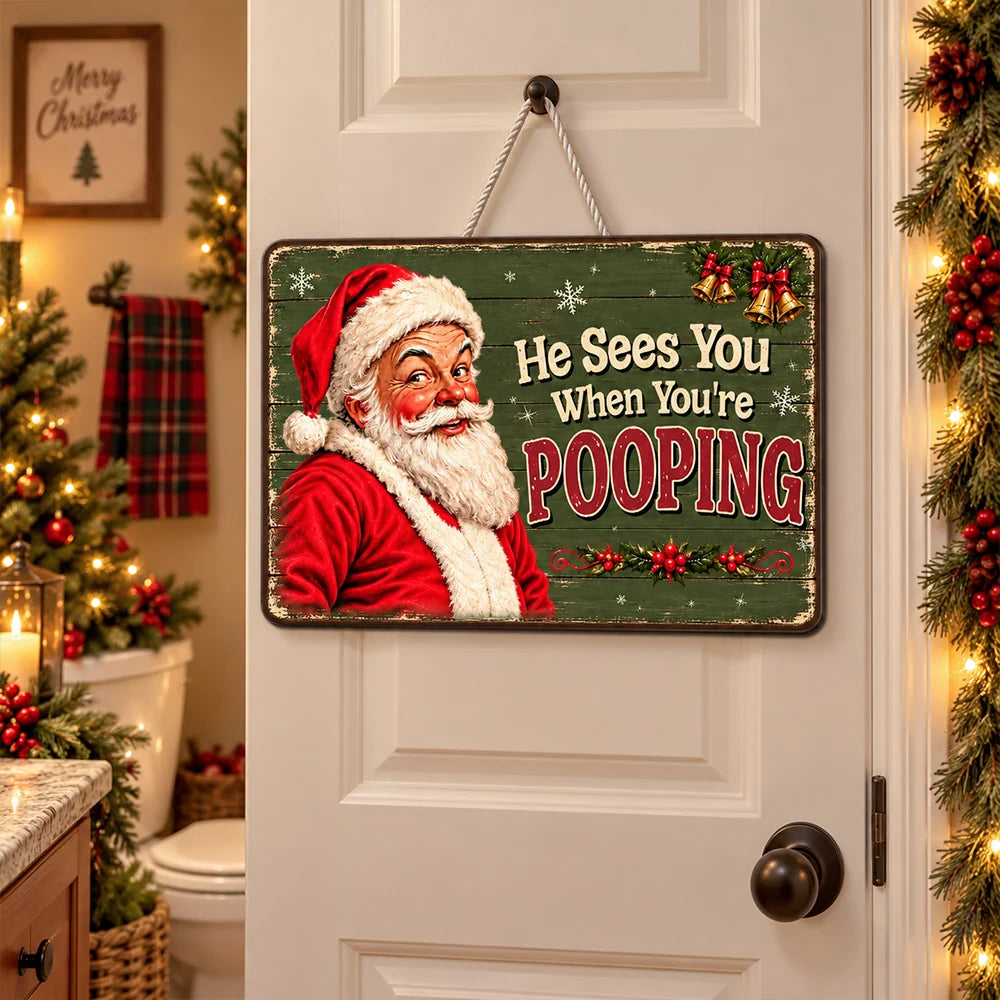 Funny Santa Wooden Sign, Personalized Vintage Bathroom Decor, Creative Christmas Gift for Family