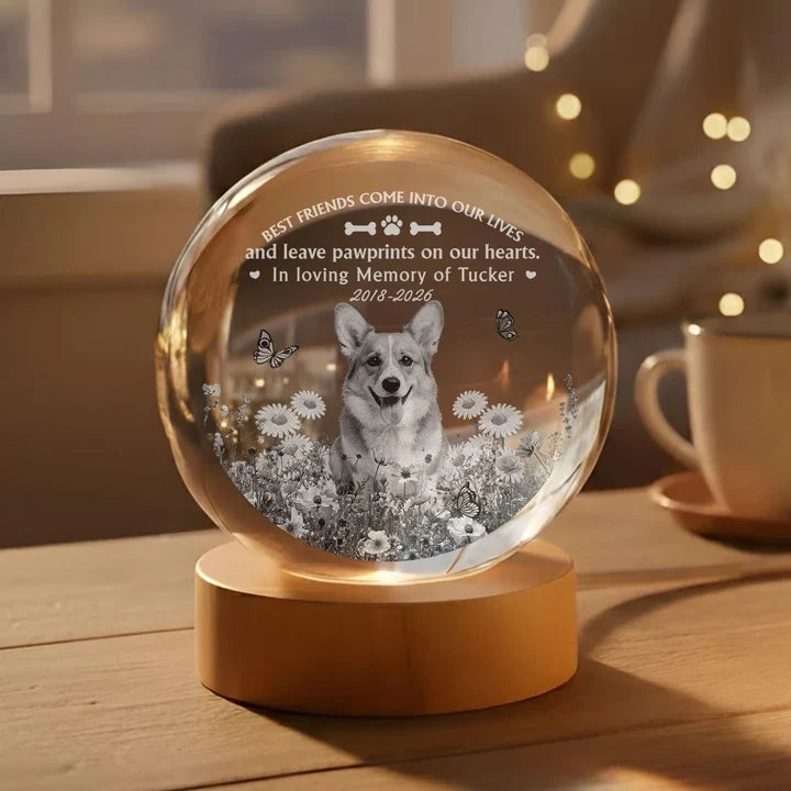 Personalized Globe Lamp with Dog Among Flowers, Unique Pet Memorial Gift for Dog Lovers