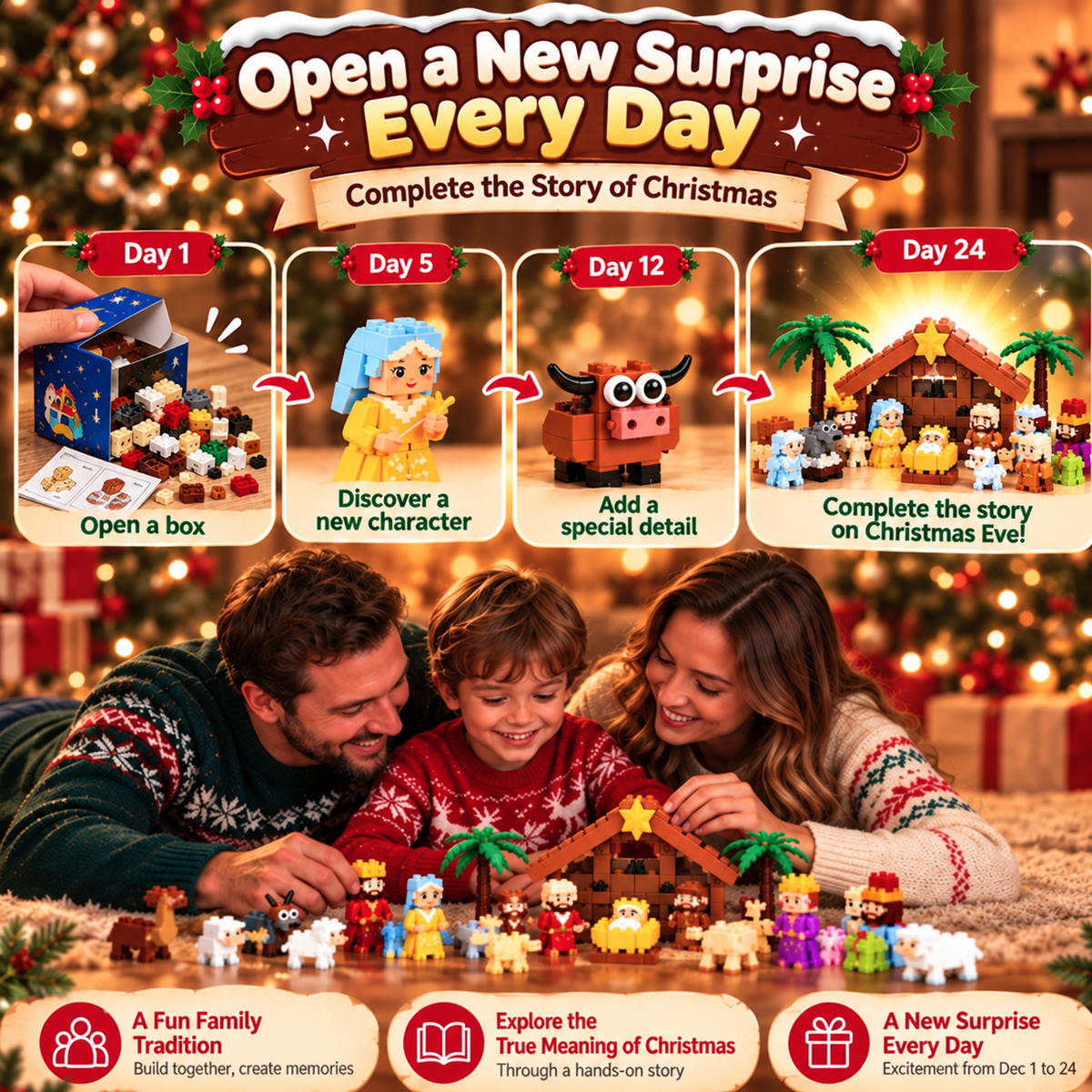 Personalized Nativity Building Block Advent Calendar, Creative Christmas Gift for Kids & Families