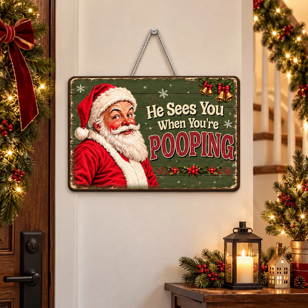 Funny Santa Wooden Sign, Personalized Vintage Bathroom Decor, Creative Christmas Gift for Family