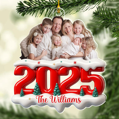 Acrylic Ornament with Custom Photo, Snowy Red Number for Christmas Tree Decor — a unique gift for family or parents