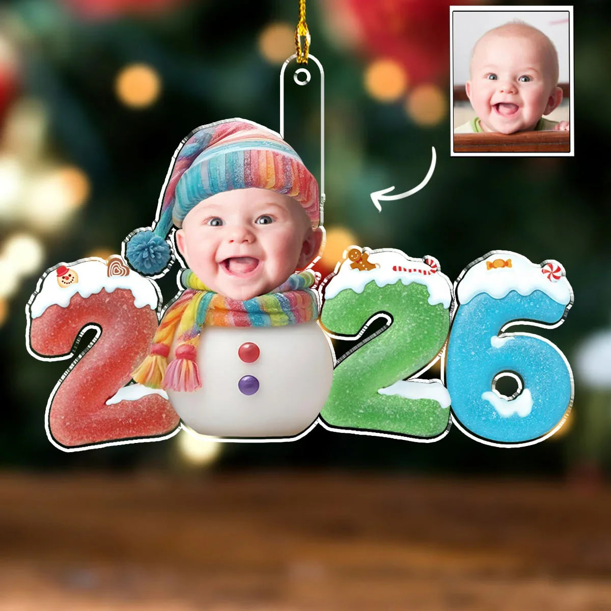 Personalized Acrylic Ornament with Smiling Baby Snowman, Colorful Christmas Decor, Unique Gift for New Parents