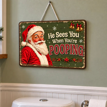 Funny Santa Wooden Sign, Personalized Vintage Bathroom Decor, Creative Christmas Gift for Family