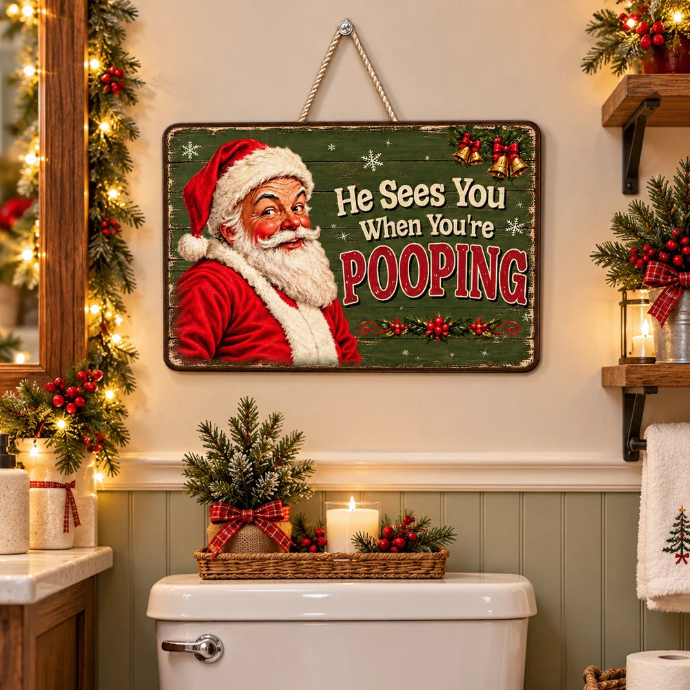 Funny Santa Wooden Sign, Personalized Vintage Bathroom Decor, Creative Christmas Gift for Family