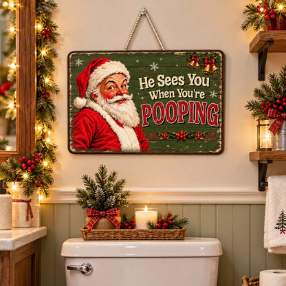Funny Santa Wooden Sign, Personalized Vintage Bathroom Decor, Creative Christmas Gift for Family