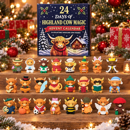 Blue Highland Cow Advent Calendar, Cozy Winter Countdown, Personalized Creative Gift for Kids & Family