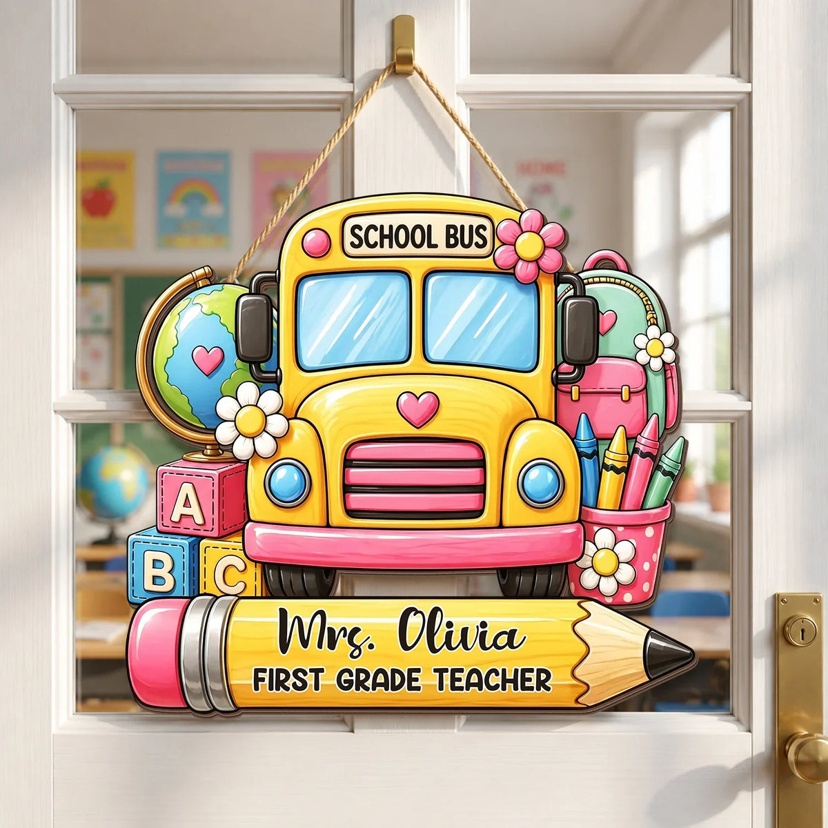 Personalized Teacher Wooden Sign, School Bus Classroom Door Decor, Unique Creative Gift for Teacher