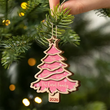 Personalized Wooden Ornament, Red Christmas Tree Design, Unique Family Gift for Seasonal Decor