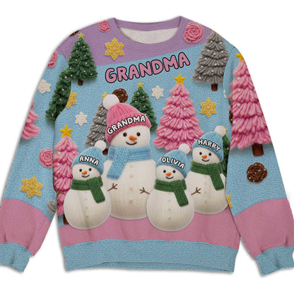 Printed Sweatshirt with Snowman Family All-Over Print, Christmas Trees, pastel winter vibe, a unique gift for Grandma