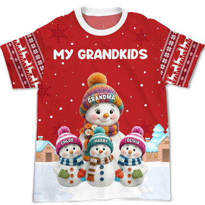 Personalized Printed Classic Tee for Grandma with Grandkids Snowman Scene, Cozy Christmas Gift She Will Love