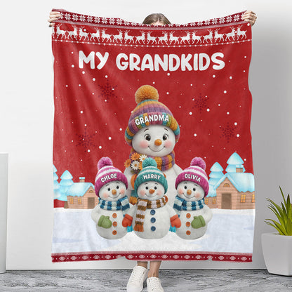Custom My Grandkids Fleece Blanket, Cute Snowman Family Winter Scene, Warm Keepsake Throw and Thoughtful Grandparent Gift