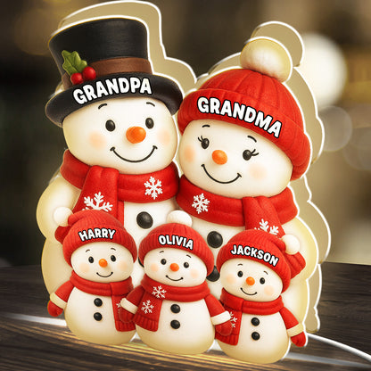 Acrylic Light Box Snowman Grandkids Design, Personalized, Warm Holiday Glow, Cozy Decor, A Unique Gift for Grandparents