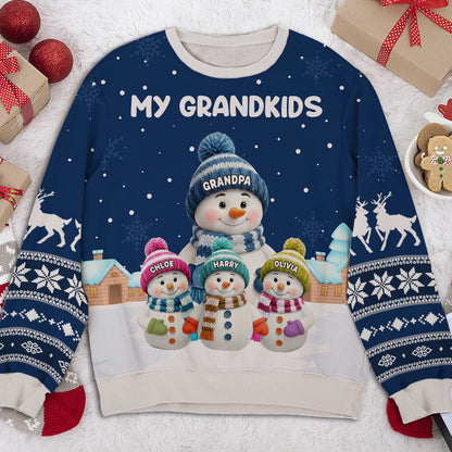 Christmas Sweatshirt for Grandparents, cute snowman family in snowy village, warm and soft, a unique gift for Grandma