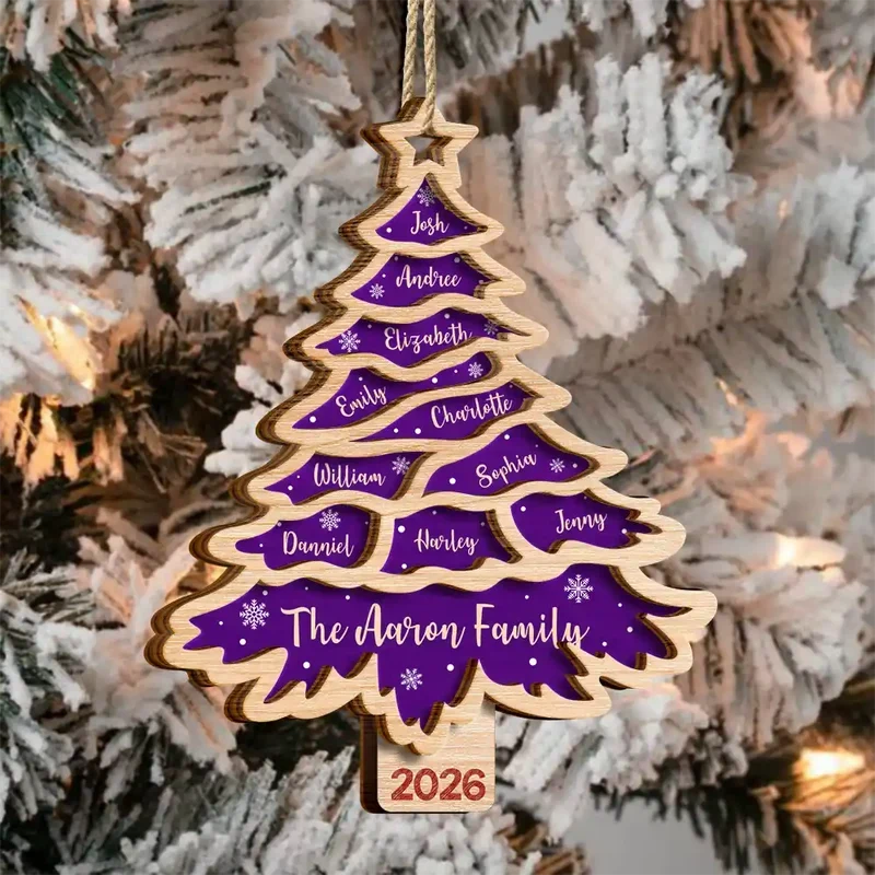 Personalized Wooden Ornament, Red Christmas Tree Design, Unique Family Gift for Seasonal Decor