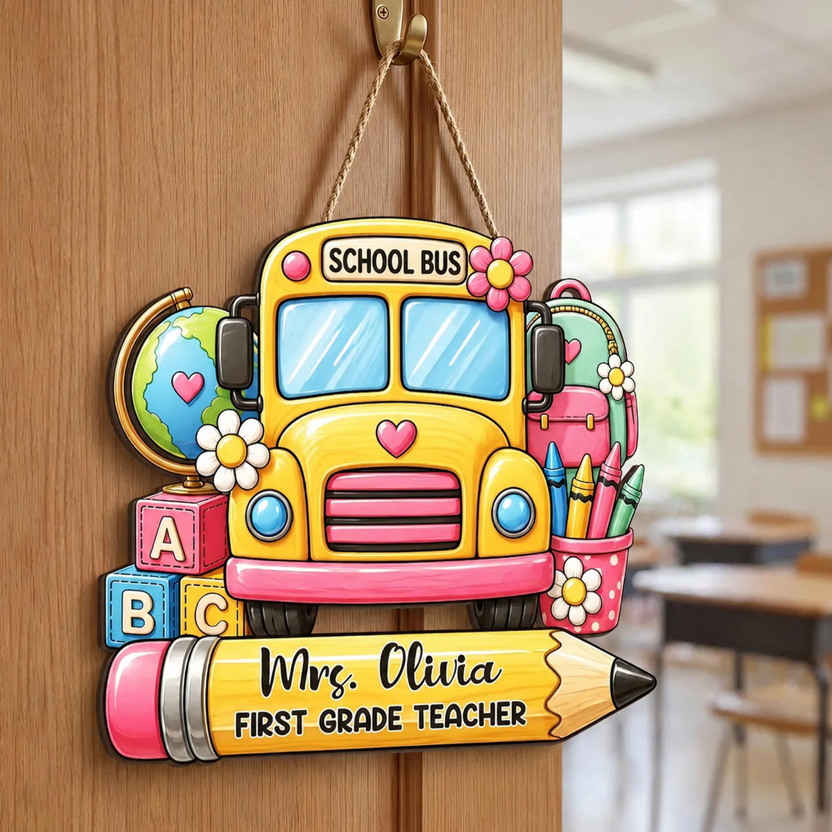 Personalized Teacher Wooden Sign, School Bus Classroom Door Decor, Unique Creative Gift for Teacher