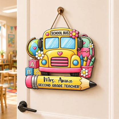 Personalized Teacher Wooden Sign, School Bus Classroom Door Decor, Unique Creative Gift for Teacher