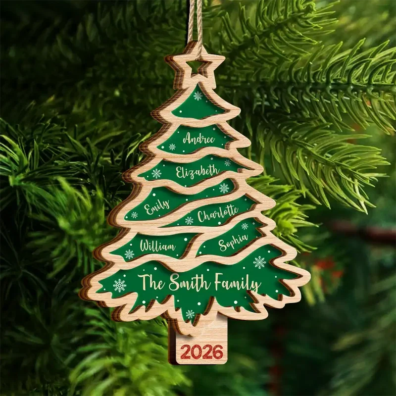 Personalized Wooden Ornament, Red Christmas Tree Design, Unique Family Gift for Seasonal Decor