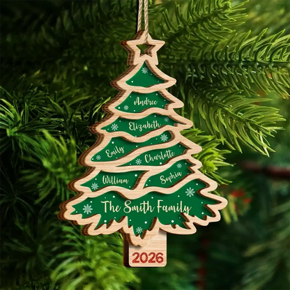 Personalized Wooden Ornament, Red Christmas Tree Design, Unique Family Gift for Seasonal Decor