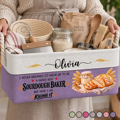Personalized Sourdough Baker Rope Basket, Funny Quote and Golden Loaves, Creative Gift for Her Kitchen