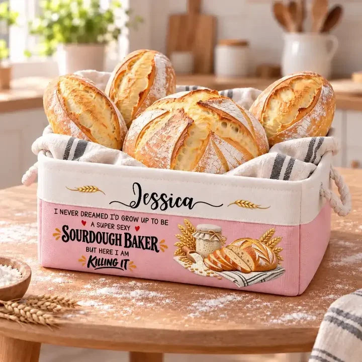 Personalized Sourdough Baker Rope Basket, Funny Quote and Golden Loaves, Creative Gift for Her Kitchen