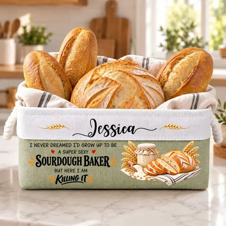 Personalized Sourdough Baker Rope Basket, Funny Quote and Golden Loaves, Creative Gift for Her Kitchen