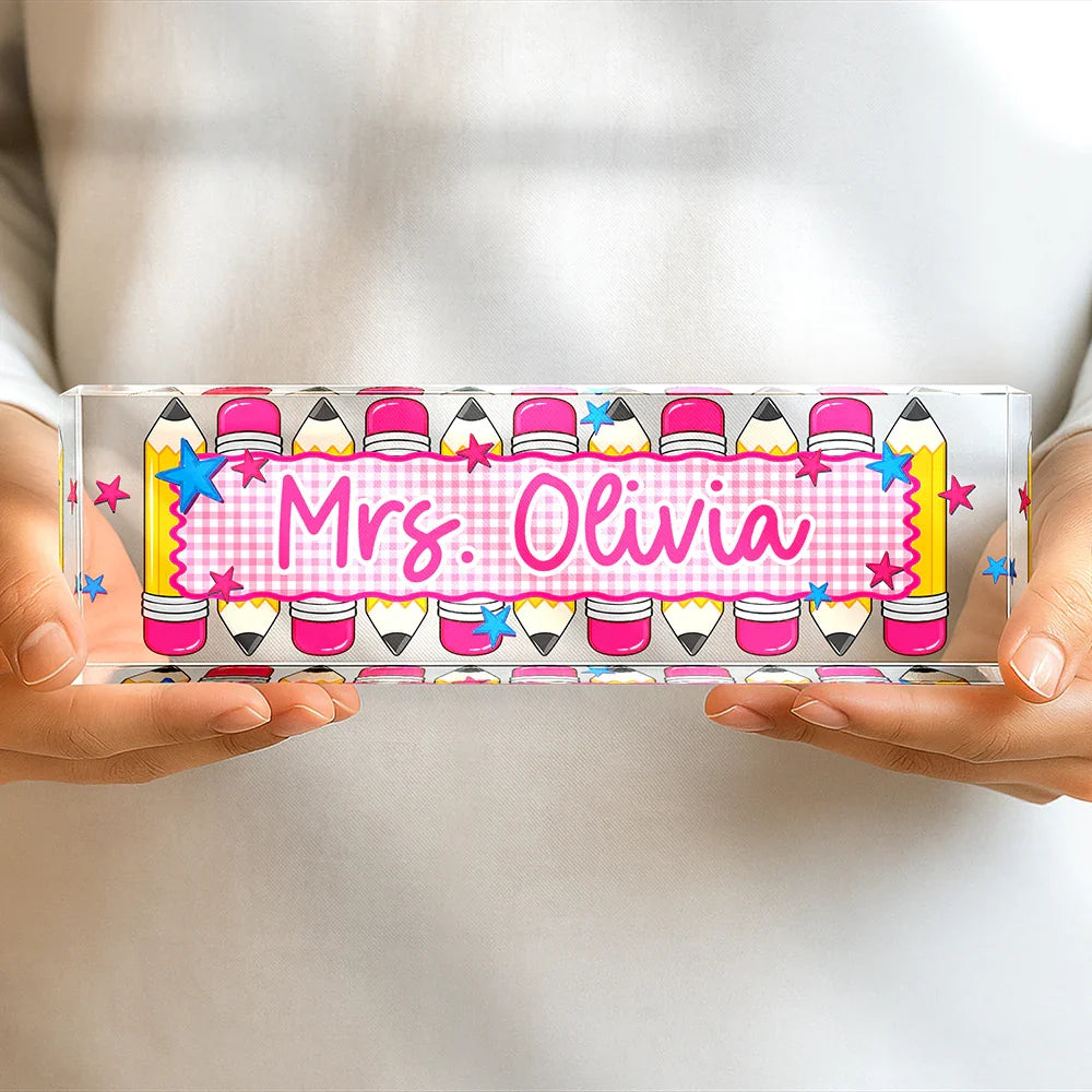 Personalized Rectangle Acrylic Block Plaque with Colorful Pencil Art, Classroom Desk Decor, Creative Teacher Gift