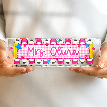 Personalized Rectangle Acrylic Block Plaque with Colorful Pencil Art, Classroom Desk Decor, Creative Teacher Gift