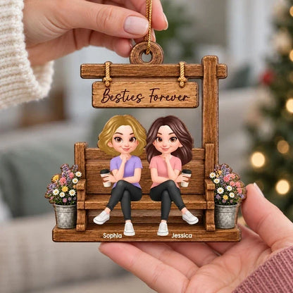 Personalized 2-Layer Wooden Plaque, Cartoon Friends Sharing Coffee on a Garden Bench, Unique Gift for Her