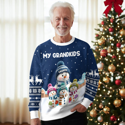 Christmas Sweatshirt for Grandparents, cute snowman family in snowy village, warm and soft, a unique gift for Grandma