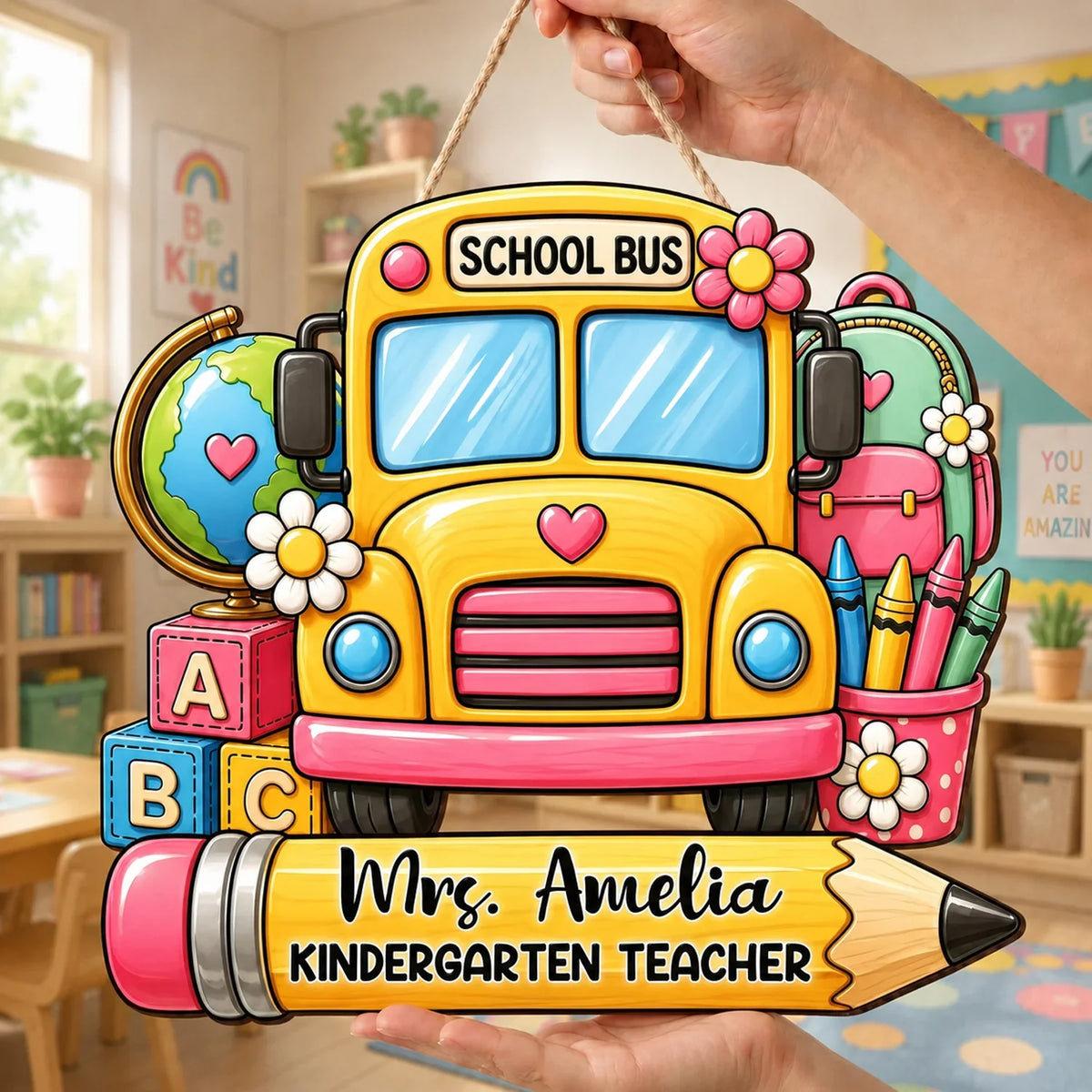 Personalized Teacher Wooden Sign, School Bus Classroom Door Decor, Unique Creative Gift for Teacher