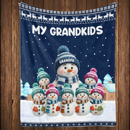 Custom My Grandkids Fleece Blanket, Cute Snowman Family Winter Scene, Warm Keepsake Throw and Thoughtful Grandparent Gift
