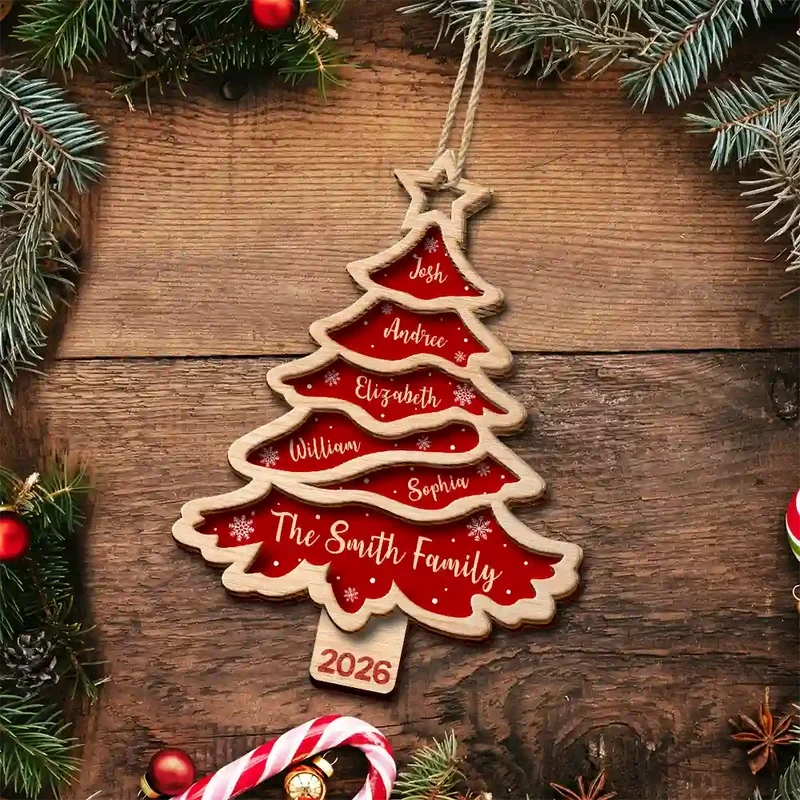 Personalized Wooden Ornament, Red Christmas Tree Design, Unique Family Gift for Seasonal Decor