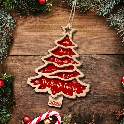 Personalized Wooden Ornament, Red Christmas Tree Design, Unique Family Gift for Seasonal Decor