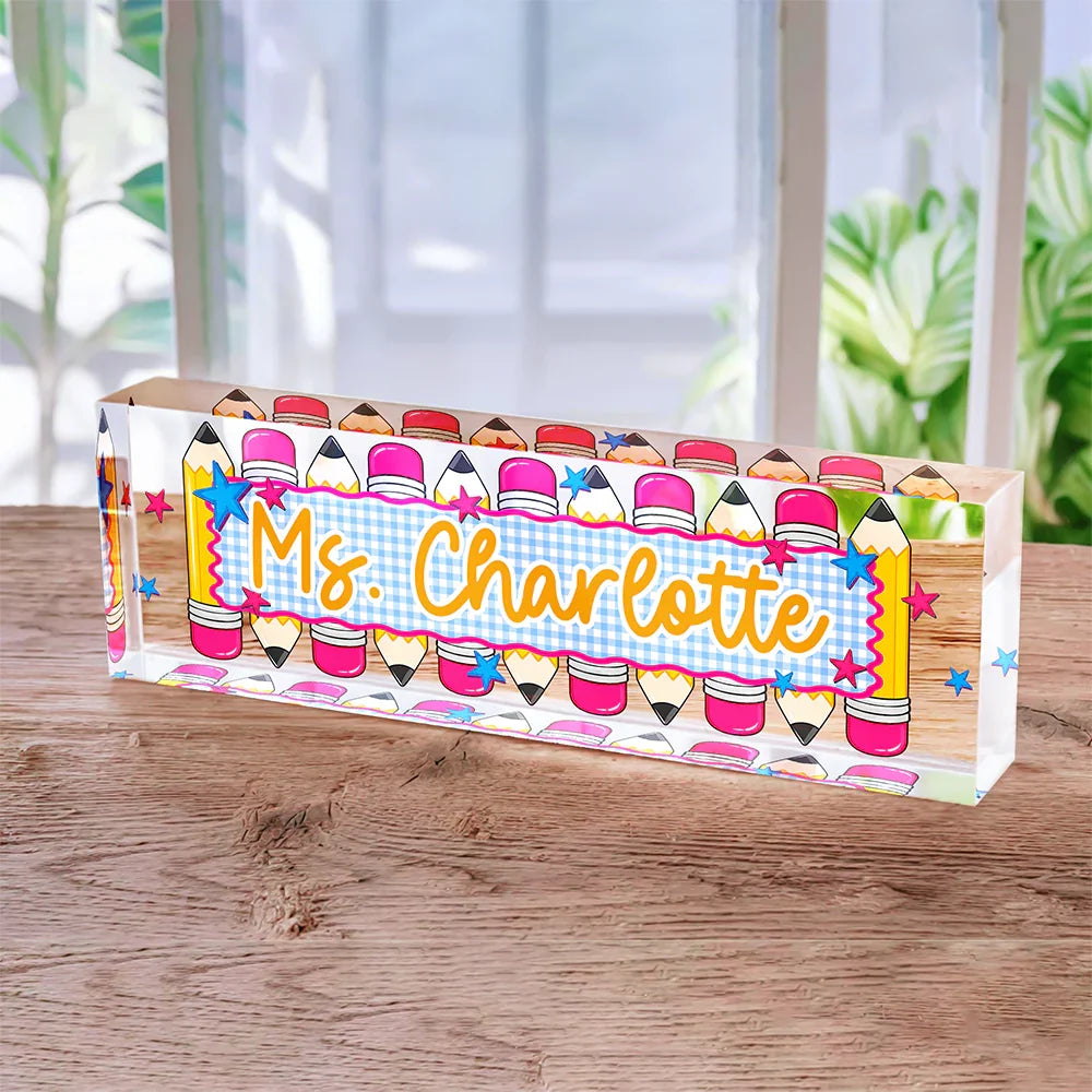 Personalized Rectangle Acrylic Block Plaque with Colorful Pencil Art, Classroom Desk Decor, Creative Teacher Gift