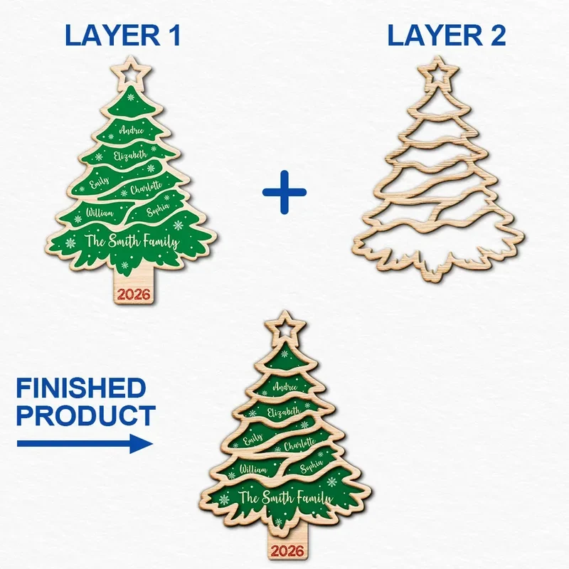Personalized Wooden Ornament, Red Christmas Tree Design, Unique Family Gift for Seasonal Decor