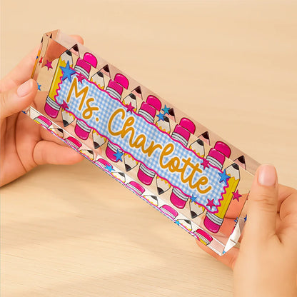 Personalized Rectangle Acrylic Block Plaque with Colorful Pencil Art, Classroom Desk Decor, Creative Teacher Gift