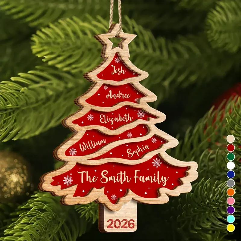 Personalized Wooden Ornament, Red Christmas Tree Design, Unique Family Gift for Seasonal Decor