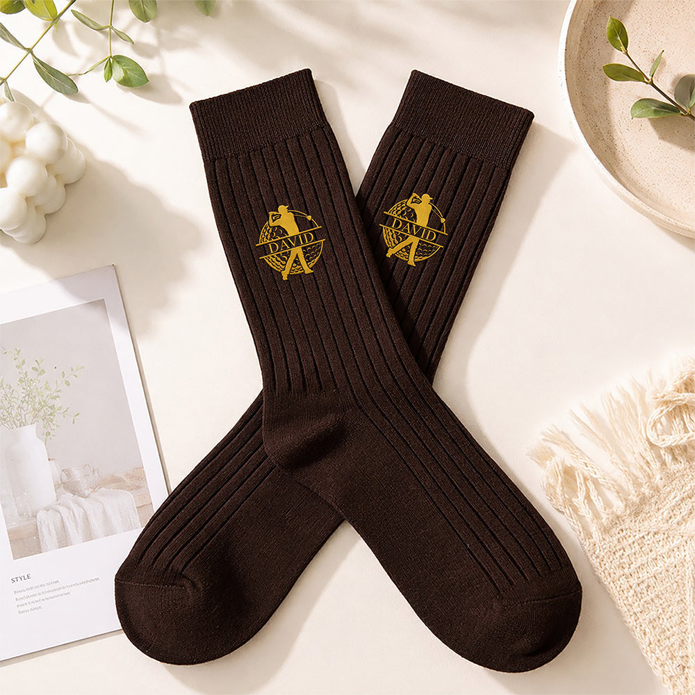 Personalized Embroidered Socks, Dark Brown & Gold Golfer Mid-Swing Design, Unique Gift for Golfers